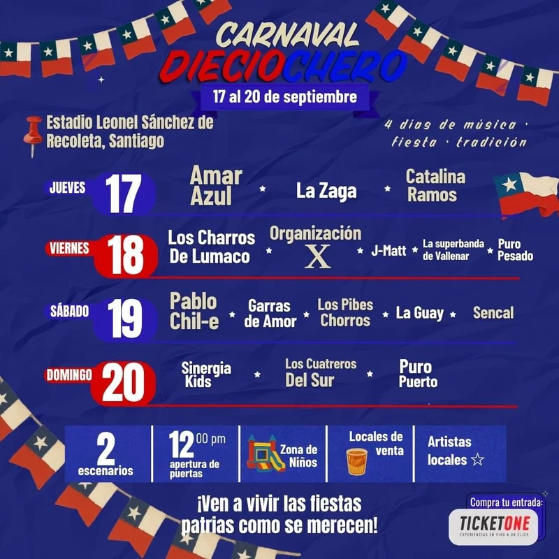 JUEVES 17 Carnaval Dieciochero en Estadio Leonel Sánchez de Recoleta