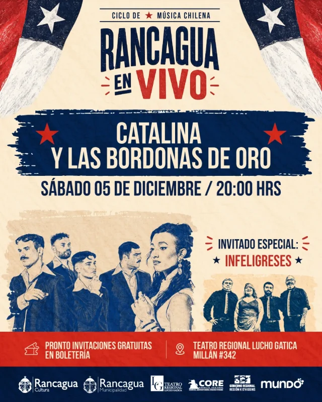 Rancagua en vivo cierra su ciclo de música con Catalina y las Bordonas de oro en el teatro regional lucho gatica