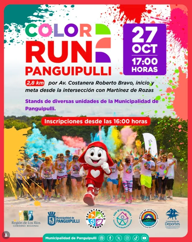 Municipio invita a participar de la Color Run 2026 en la Costanera de Panguipulli